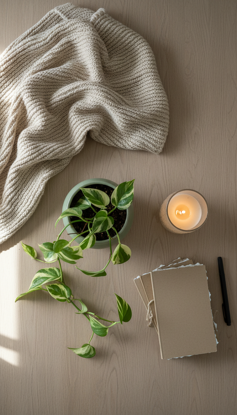 A flatlay composition featuring an artfully arranged selection of lifestyle objects: a matte sage-green ceramic planter with lush trailing pothos, a candle in a frosted glass holder, and a textured oatmeal knit throw draped in the corner. The elements rest atop a pale oak coffee table with a neatly stacked pile of hand-bound notebooks. Natural daylight from the side creates diffused, soft shadows and subtle highlights, enhancing textures and colors. The mood is inviting and tranquil, with a minimalist, clean style. Shot straight down to showcase each item in crisp focus, this image captures an aspirational, serene atmosphere relevant for blog posts about home comfort or personal moments.