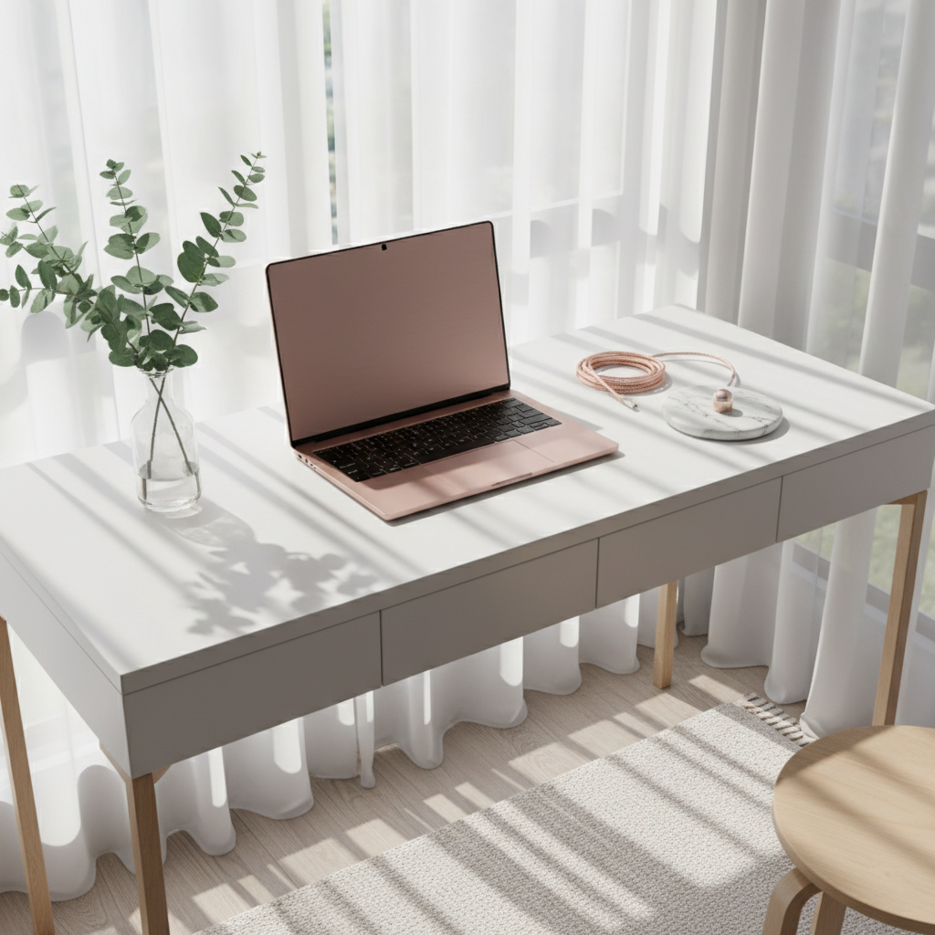 A vibrant and organized workspace still life: a sleek blush-toned laptop with a brushed metallic finish sits atop a matte alabaster desk, surrounded by a glass vase holding fresh eucalyptus stems, a small marble paperweight, and a neatly coiled rose gold charging cable. The environment is an airy corner booth with minimalistic decor, complemented by indirect daylight filtering through sheer curtains, casting soft, innovative shadows and delicate rim lighting. The mood is energetic yet serene, blending creativity with clarity. Captured from an eye-level angle with a slightly shallow depth of field, the image channels a clean, modern aesthetic ideal for lifestyle content about productivity or creative pursuits.